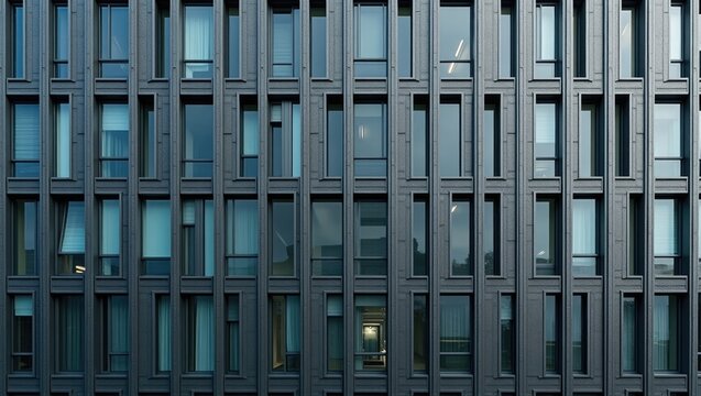 A close-up perspective of a modern building facade showcasing a repetitive geometric pattern with aligned windows set within dark, textured cladding. This architectural design highlights modern aes...