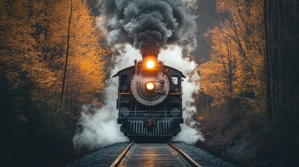 A classic steam engine train travels through a beautiful forest