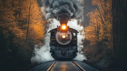 Papier peint photo intissé A classic steam engine train travels through a beautiful forest