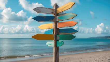 Multiple blank signs on a wooden pole at the beach. Space for text.