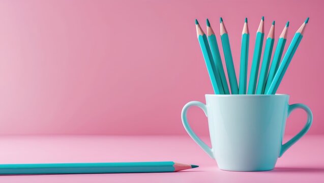 Creativity inspiration education themes featuring a pencil and cup against a pastel background. Minimal ideas theme.