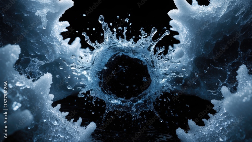 Poster a frame featuring a frosty pattern against a black backdrop. an abstract ice structure frame enables