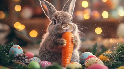 Cute Rabbit Holding Carrot Surrounded by Colorful Easter Eggs