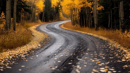 Naklejka premium A lonely road winding through a golden autumn forest