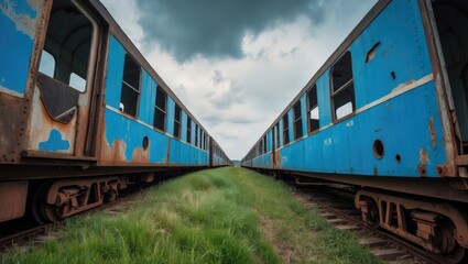 Obraz premium Abandoned train car in a field that has been robbed