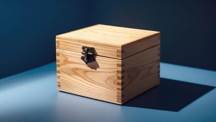 Closed photograph of a square gift box made of natural wood.