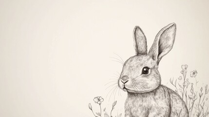 Obraz premium Cute Sketch of a Rabbit Surrounded by Delicate Flowers and Blooms