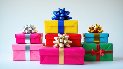 Colorful gift boxes arranged on a white background.