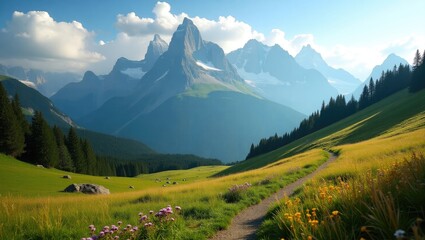 Obraz premium Vertical summer view of a peak surrounded by morning mist. Beautiful outdoor scenery of the Bernese Alps. Stunning summer landscape. Travel the world.