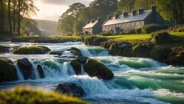 A ground-level perspective of The Falls of Dochart in full flow following recent rainfall.