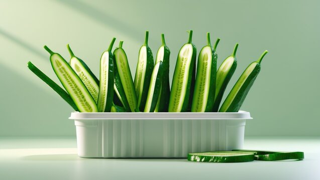 Cucumber in a plastic container. Minimalist style photograph.