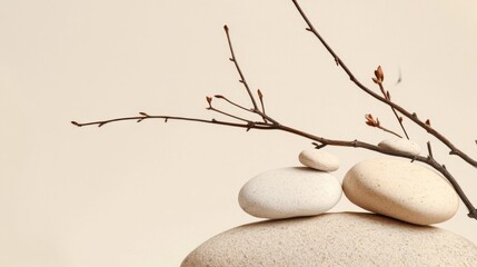 Balanced Stones and Branch on Beige Background