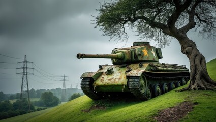 Fototapeta premium A damaged tank from World War Two. Exhibition of the Line.