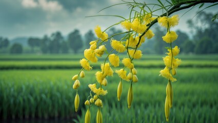 Multiply or Ratchaphruek flowers (Dok Koon) typically blossom in the summer during the rainy season, set against a field background.