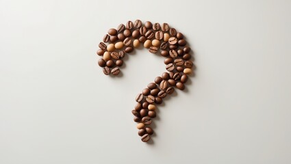 Coffee beans placed in the form of a question mark on a white background. Appreciating the aroma and flavor of coffee.