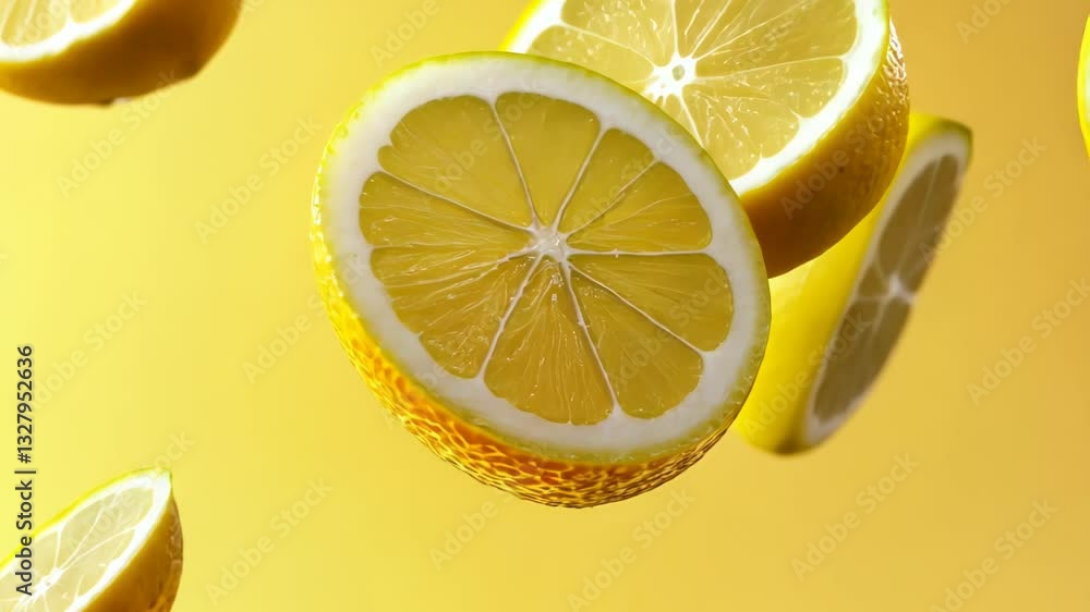 Poster slices of lemon dance joyfully against a vibrant yellow backdrop to celebrate freshness and zest in 