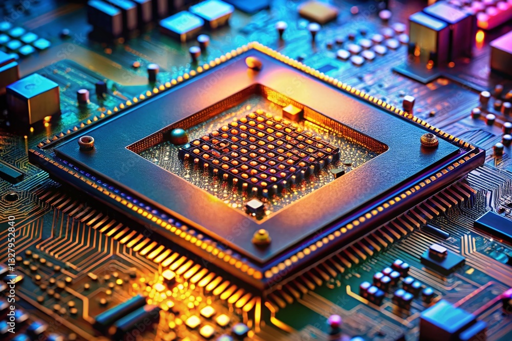 Poster macro close-up of computer processor chip, intricate hardware details, technology background
