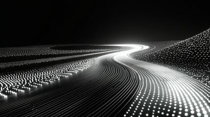 Abstract glowing path winding through a dark, dotted landscape.