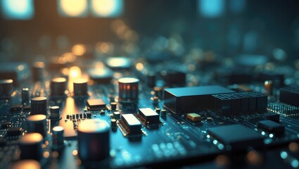 Fototapeta na wymiar Close-up of an electronic board in a repair shop, with a blurred and toned effect. Shallow depth of field, focusing on the middle left area.