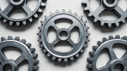 A collection of interlocking metal gears set against a white background.