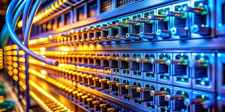 Macro Close-up of Ethernet Switch Ports in Server Rack - Network Infrastructure Detail