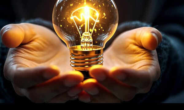 Warm light of an idea held in hands.  A glowing lightbulb rests gently in cupped hands, symbolizing innovation and creativity