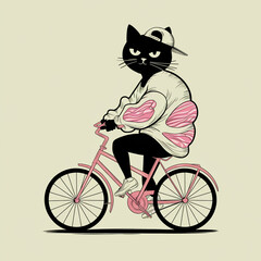 Stylish illustration of a black cat wearing a cap and sweater, casually riding a bicycle with attitude, blending urban culture and feline charm.