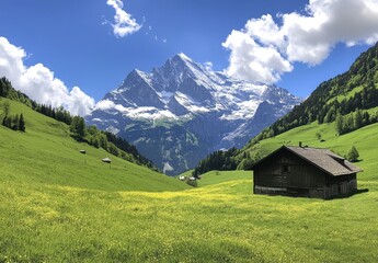 Obraz premium Serene Swiss Valley with Lush Green Meadows and Majestic Snow-Capped Mountains Under Bright Blue Sky