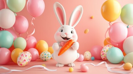 Obraz premium Cute Cartoon Bunny with Carrot Surrounded by Colorful Balloons