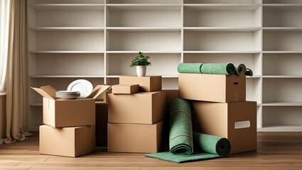 Boxes being moved in an empty room.
