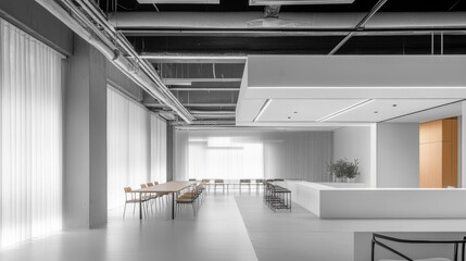Modern Minimalist Office Interior Design With White Walls and Long Tables