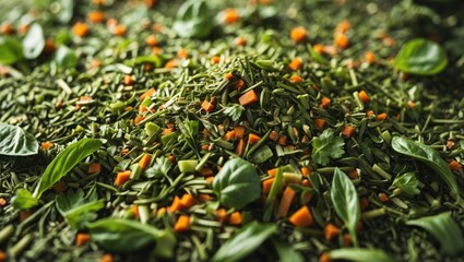 Close-up background of mixed spices. Garlic, fennel, carrots, basil, celery, parsley, marjoram, and onion.