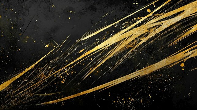 Abstract gold streaks on black textured background.