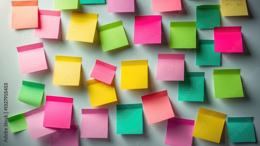 Poster creative arrangement consisting of numerous blank colorful paper sticky notes. to-do list or reminde