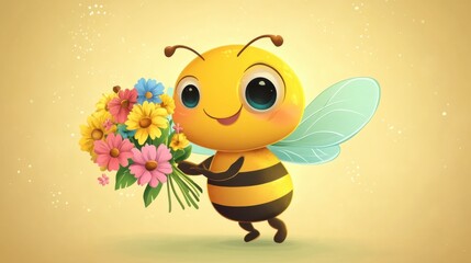 Cheerful Cartoon Bee Holding Colorful Flower Bouquet in Springtime