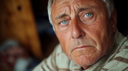 An elderly man gazes directly at the camera, his face etched with the passage of time His gentle wrinkles narrate silent stories of resilience and experience, wisdom etched into every line The