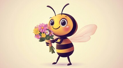 Fototapeta premium Cheerful Cartoon Bee Holding Colorful Flower Bouquet with Joy