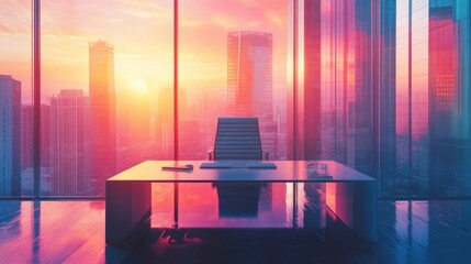 Empty Modern Office with City Sunset View
