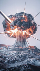 Metallic Nuclear Explosion Artwork with Sci-Fi Elements and Abstract Reflections - futuristic, AI-generated, hyper-realistic, steel, chrome, surreal, powerful, dramatic, artistic, modern, 3D