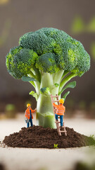Miniature Workers Climbing a Giant Broccoli in a Surreal Tiny World - creative, fun, concept art, healthy eating, construction, unique, fantasy, miniature world, playful, whimsical, nature