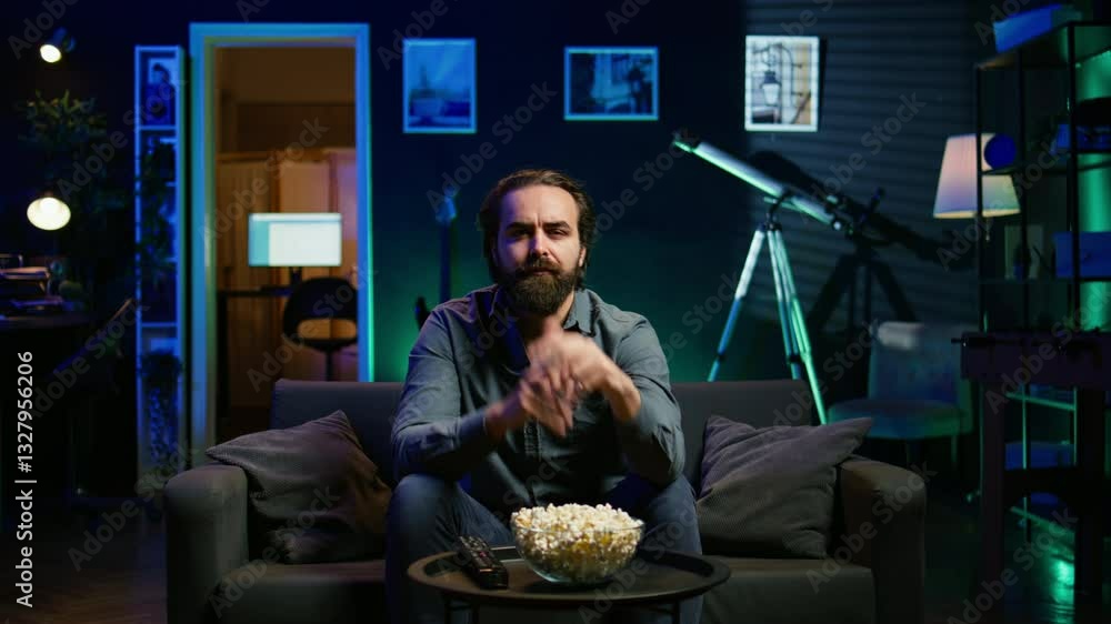 Poster man enjoying bowl of popcorn and smiling while watching cable programs on tv during leisure time at 