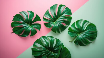 Obraz premium Creative tropical green leaves arrangement on vibrant background. Nature concept. Minimalist flat lay.