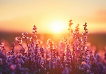 Naklejka premium Soft Blooming Flowers at Sunrise with Gentle Sunlight Illuminating the Bright Landscape and Creating a Serene Atmosphere in Nature