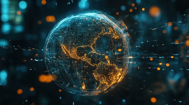 Holographic globe with network nodes, world connection, international business.