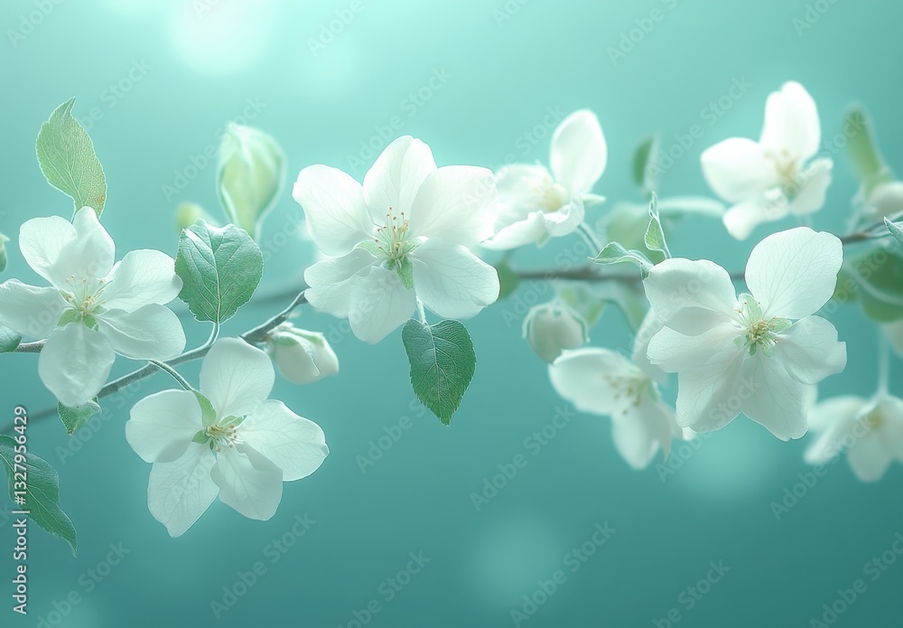Poster soft blooming white flowers on delicate green background with gentle light and subtle bokeh effect c