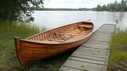 Obraz premium Wooden canoe pulled up alongside a weathered wooden dock on a lake