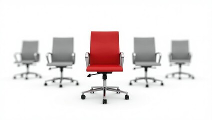Vacant position. A red office chair positioned among others against a white background, designed for a banner.