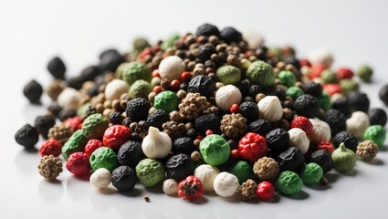 Color peppercorns on a white background, isolated.