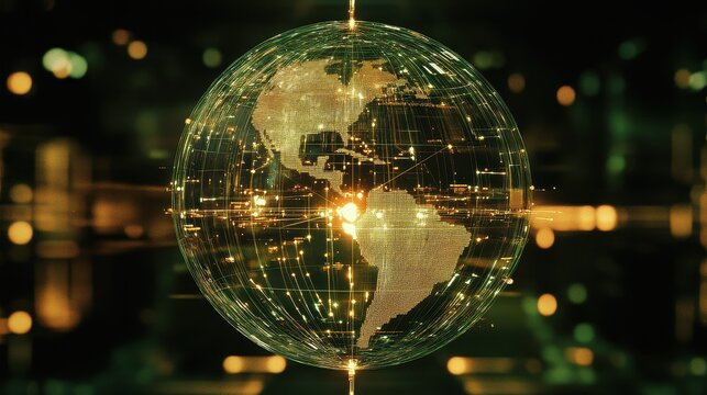 Holographic globe with network nodes, world connection, international business.