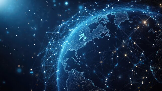 Holographic globe with network nodes, world connection, international business.